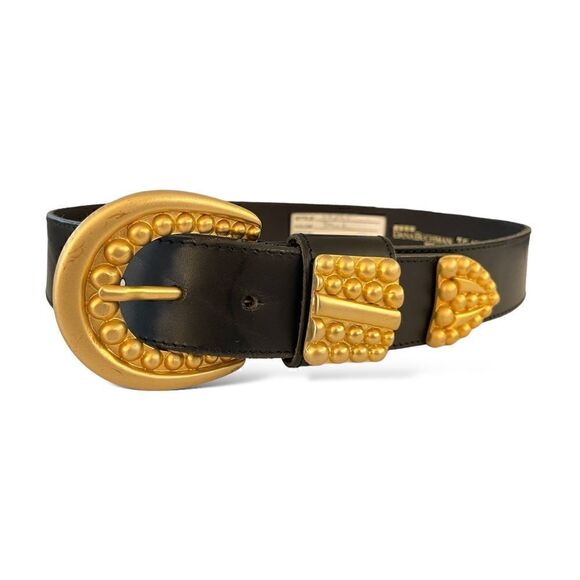 DANA BUCHMAN Made in Italy Black Leather Belt with Brushed Gold Buckle